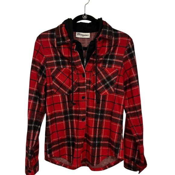 No Boundaries Plaid Red & Black Flannel Hoodie Size: Medium (8-10) - Picture 1 of 4